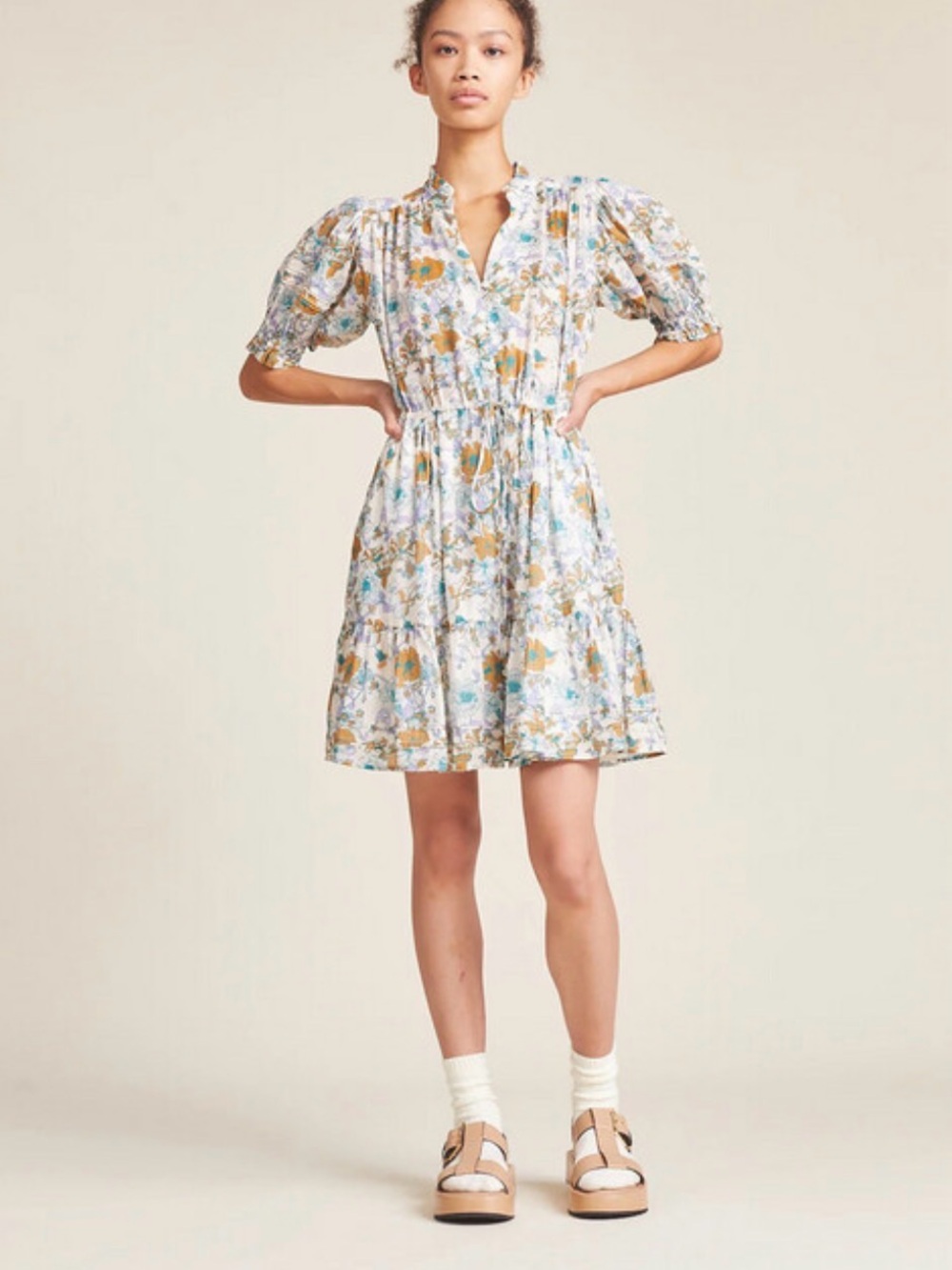 Travata California Birds of Paradise Floral Puff-Sleeve Tiered Mini Dress